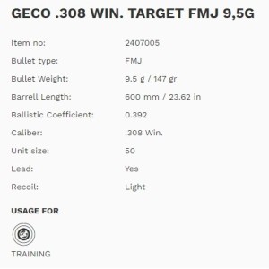 Naboji Geco .308 Win Target FMJ 9,5g (50)