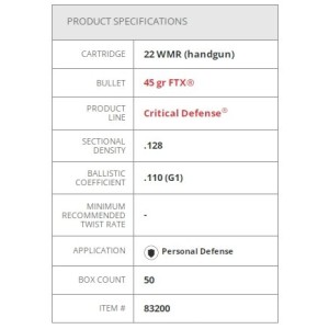 Naboji .22 WMR 45gr FTX Critical Defense Hornady (50)