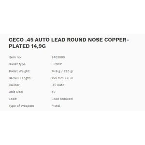 Naboji Geco .45 Auto CLRN 14,9g (50)