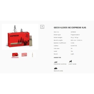 Naboji Geco 6,5x55 Express 9,1g (20)