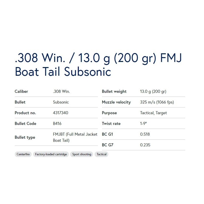 Naboji .308 Win Subsonic FMJBT 13g / 200gr, Lapua (20)