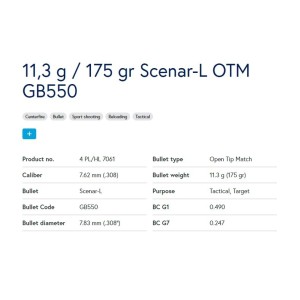 Krogla .30 (7,83/.308) 11,3g/175gr OTM Scenar-L Lapua (100kos)