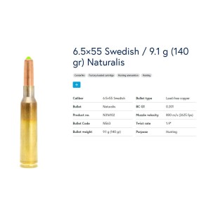 Naboji 6,5x55 Naturalis 9,1g /140gr, Lapua (20)