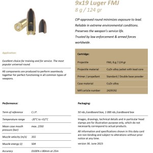 Naboji MFS 9x19 Luger FMJ 8,0g 355m/s (50) Geco